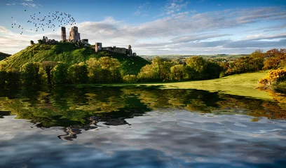 Foto op Canvas Lake and hill with castle ruin landscape © mreco