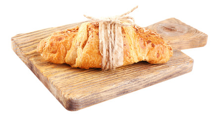 Fresh and tasty croissant with chocolate, isolated on white