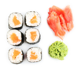 Sushi rolls with salmon isolated on white