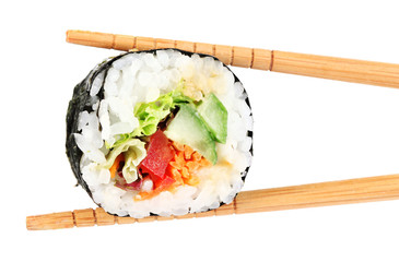 Sushi roll with chopsticks isolated on white