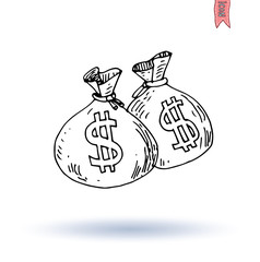 Money bag icon, hand drawn vector illustration