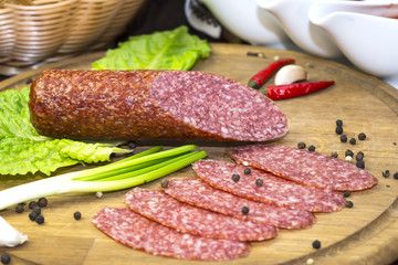sausage on a wooden plate in a restaurant