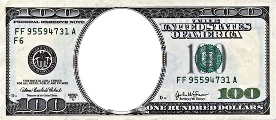 One hundred dollars bill with a hole in center with clipping pat