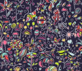 Naklejka premium Vector seamless pattern, hand drawn, doodles. Summer background.