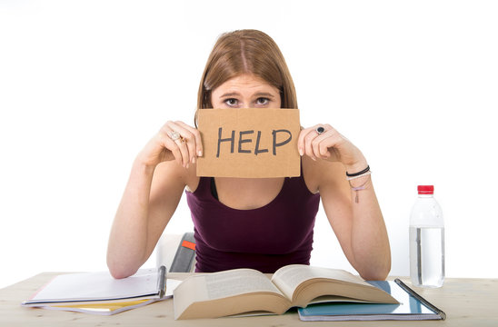 student girl studying for university exam asking for help