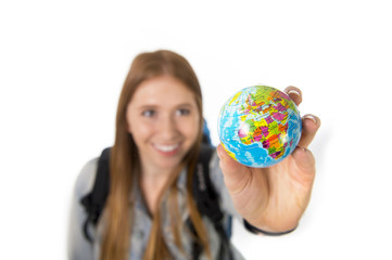 student girl with little world globe choosing trip destination