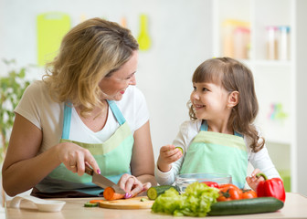 Obraz na płótnie Canvas mother and daughter cooking and cutting vegetables on kitchen