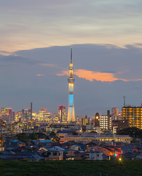 Tokyo sky tree and Tokyo suburban zone in evening
