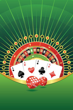 Abstract background with roulette, playing cards and dices