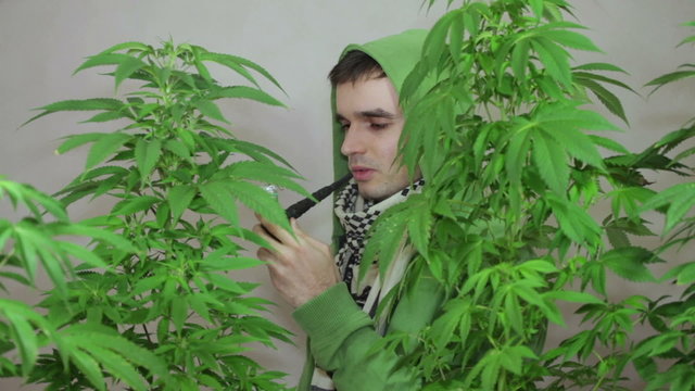 Young man in green hoodie smoking Marijuana pipe.