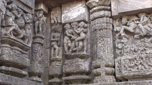 ancient erotic sacred art sculptures on Konark sun temple ,India