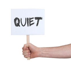 Hand holding sign, isolated on white