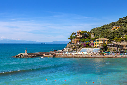 Town of Recco and Mediterranean sea in Italy.