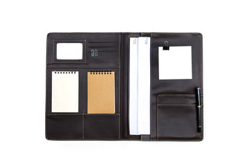 Black leather Folder with note paper isolated