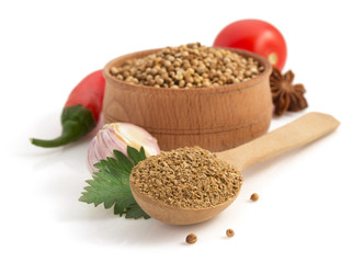 coriander spices in spoon on white