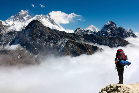 view of Everest from Gokyo with tourist