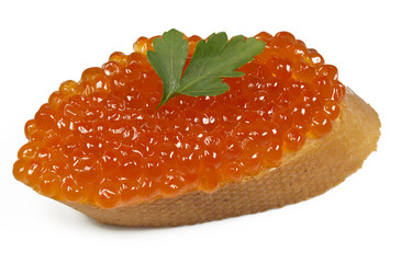 Tasty sandwich with red caviar  on white background