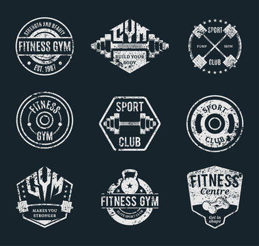 Vector Grungy Gym and Fitness Logo, Labels and Athletic Badges
