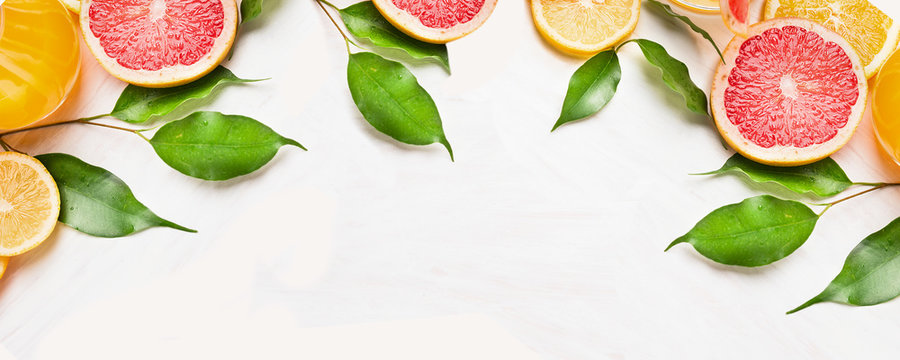 Citrus Fruits Slices With Green Leaves, Banner