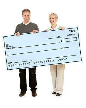 Couple: Husband And Wife Holding A Novelty Sized Check