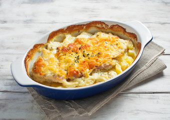 Baked meat with potatoes and cheese