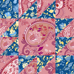 Paisley patchwork pattern with flowers. Vintage boho style