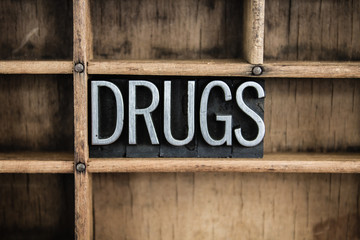 Drugs Concept Metal Letterpress Word in Drawer
