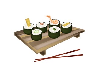 Set of Sushi Roll or Makizushi on White
