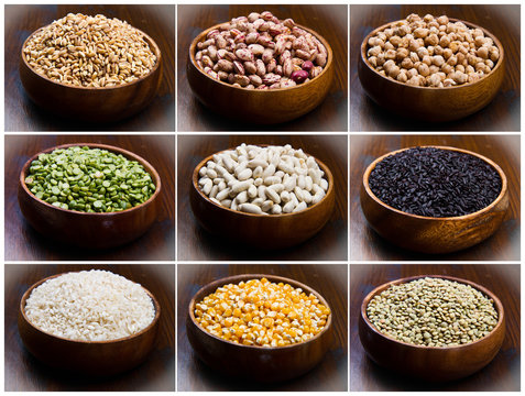 collage of different type of legumes isolated on wood