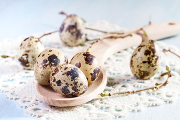 Obraz premium Quail eggs on wooden background closeup.