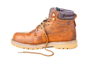 Leather brown boot on white background