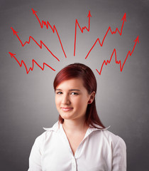 Young woman thinking with arrows overhead