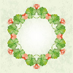 Vector round frame with watercolor Geranium leaves and flowers.