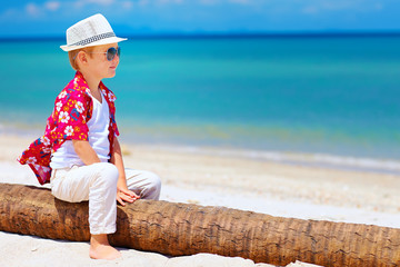 cute smiling boy sitting on palm wood at sandy beach © Olesia Bilkei