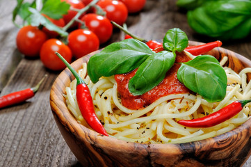 spaghetti with chili pepper and tomato sauce