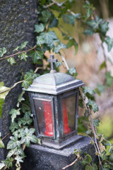 alte Grablampe im Efeu