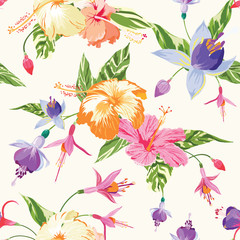 Tropical Flowers and Leaves Background