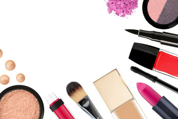 Beautiful decorative cosmetics and makeup brushes, isolated on w