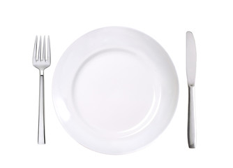 white plate, fork and knife isolated on white