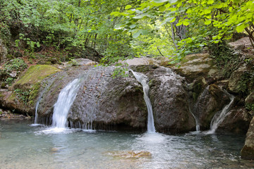 Naklejka na ściany i meble Waterfall on mountain river Ulu-Uzen, Crimea
