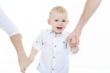 boy who help walk with is parent on white background