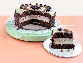 chocolate cake with white and pink filling
