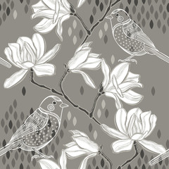 Seamless  background with magnolia and birds.