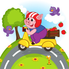 Obraz na płótnie Canvas pig riding a scooter- vector illustration, eps