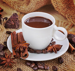 Hot chocolate, chocolate chips, cinnamon and star anise. Vintage