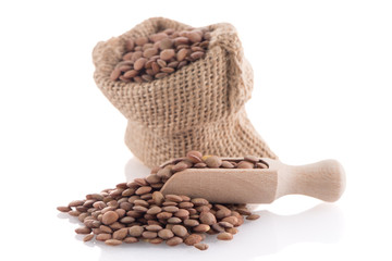 Burlap bag with lentils