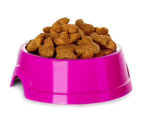 Dry dog food in bowl isolated on white