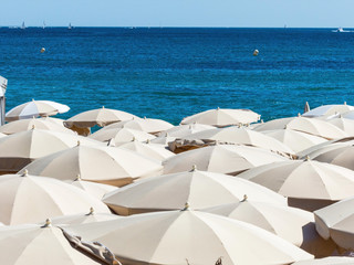 Viele Sonnenschirme am Strand