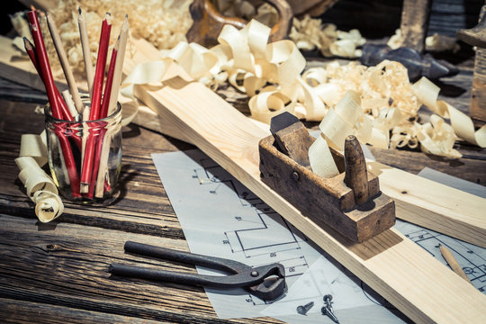Old carpenters table in a workshop