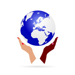 woman hand black and white holding earth vector illustration